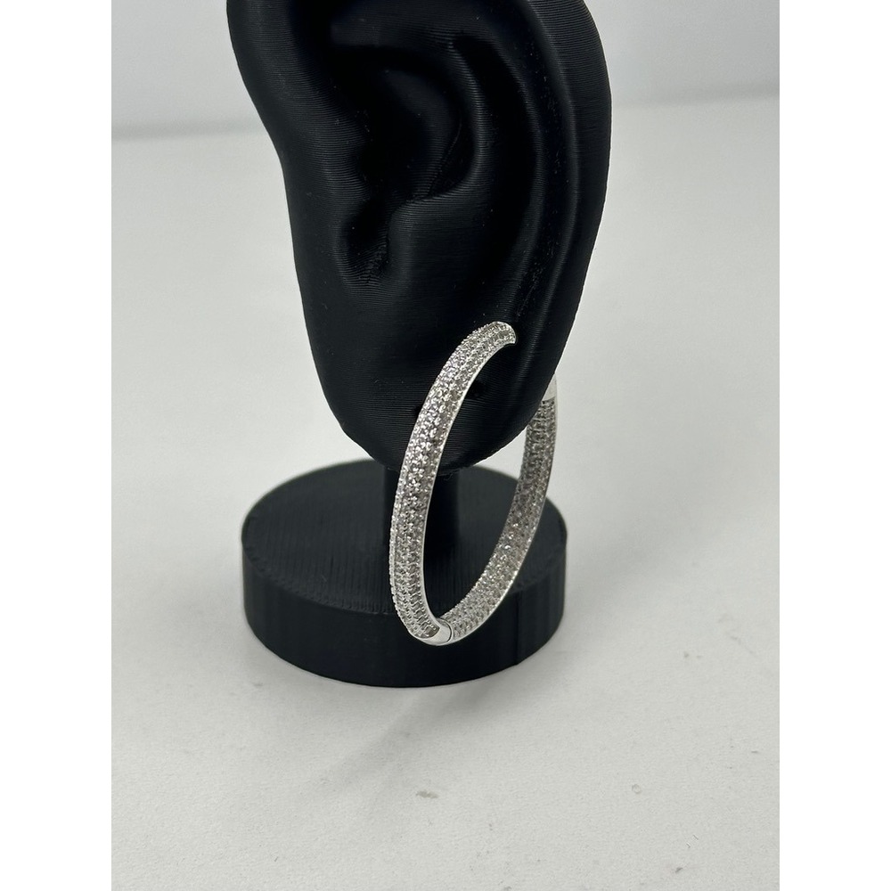 Sterling Silver 925 Inside Out CZ Hoop Earrings Pave Cubic Zirconia 1.5 Inch - Picture 10 of 11